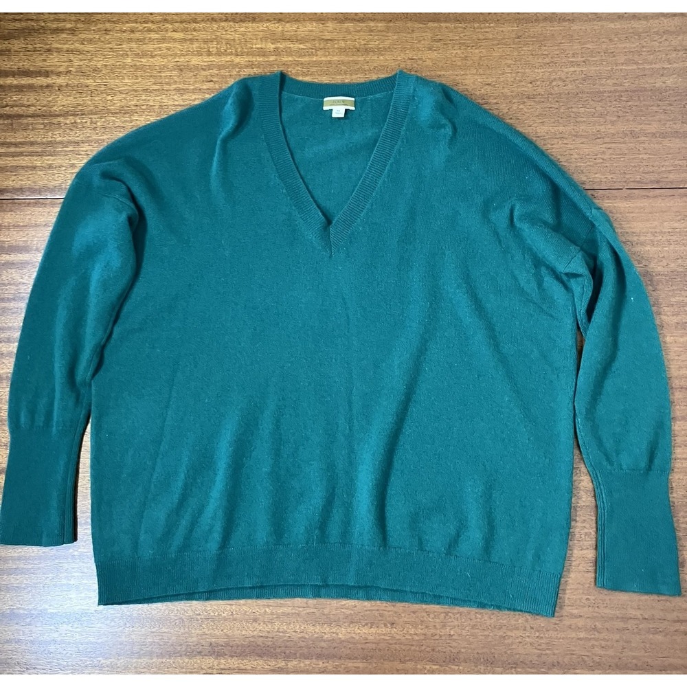 J.Crew Womens 100% Cashmere V-Neck Sweater Emerald Green Relaxed Fit Medium
